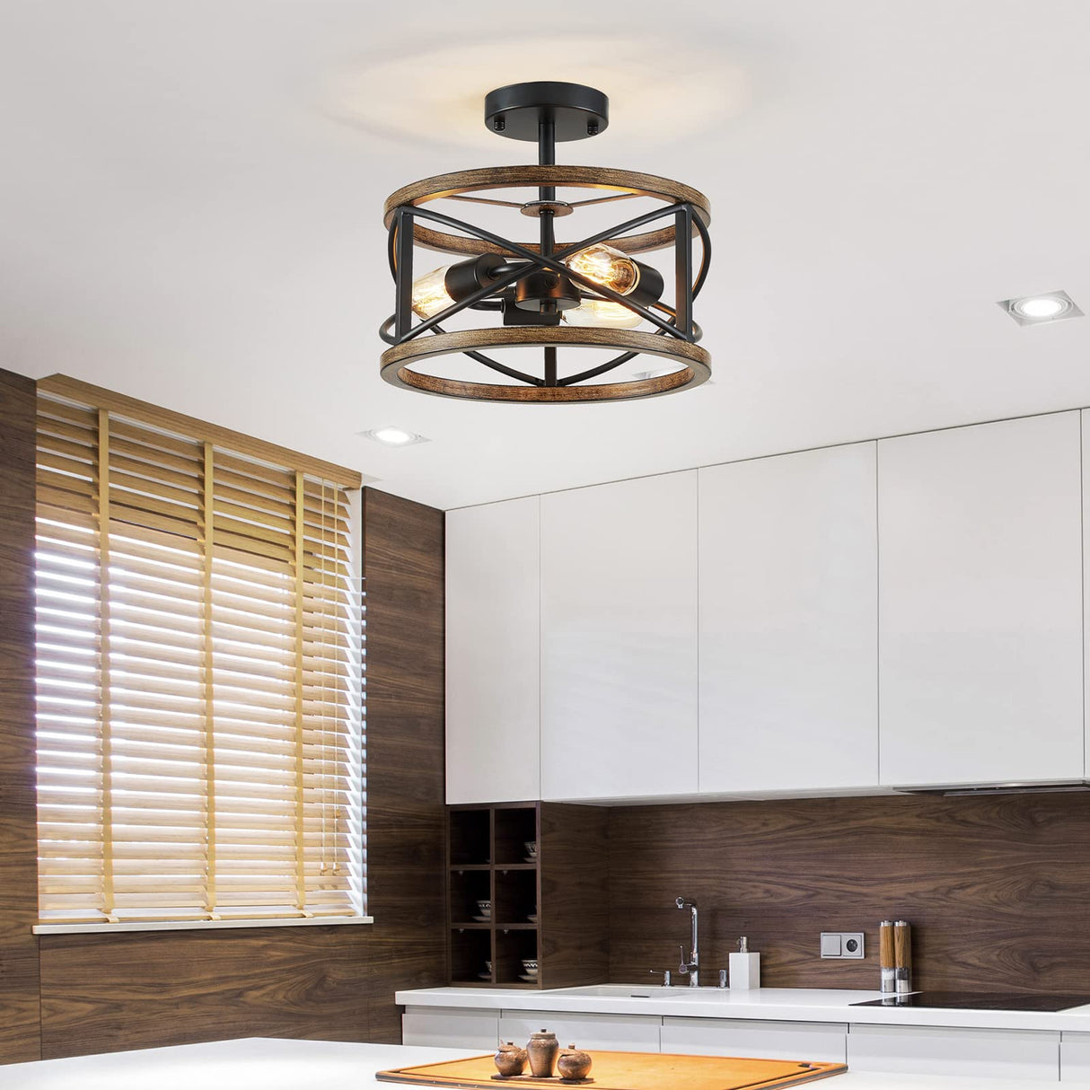 WUZUPS Chandelier 3-Light Imitation Wood Grain Vintage Farmhouse Industrial Semi-Flushmount Ceiling Light Lighting Fixture for Foyer Hallway Storage Room Kitchen Bathroom, H 9.4" W 12", Black WUZUPS