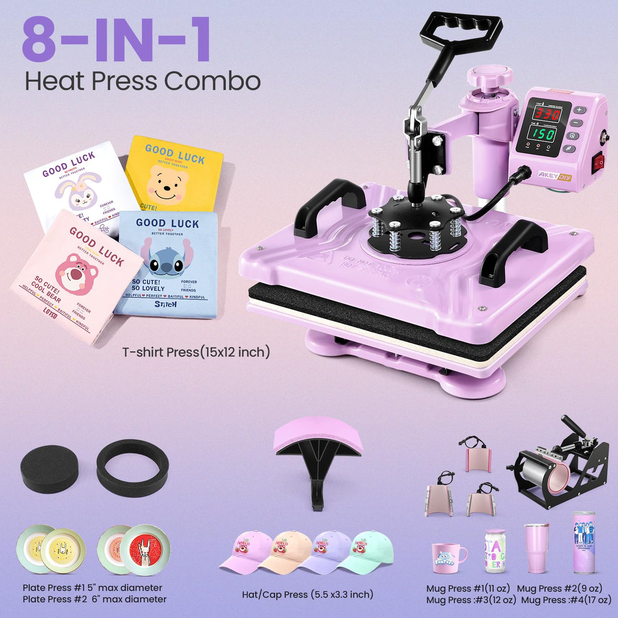 Heat Press Machine for Tshirts, 8 in 1 Heat Transfer Machine, 12" X 15" Heat Printing Press for Sublimation Combo with 360 Degree Rotation Swing Away for T-Shirt Hat Cap Mug Plate, Pink Purple AKEYDIY