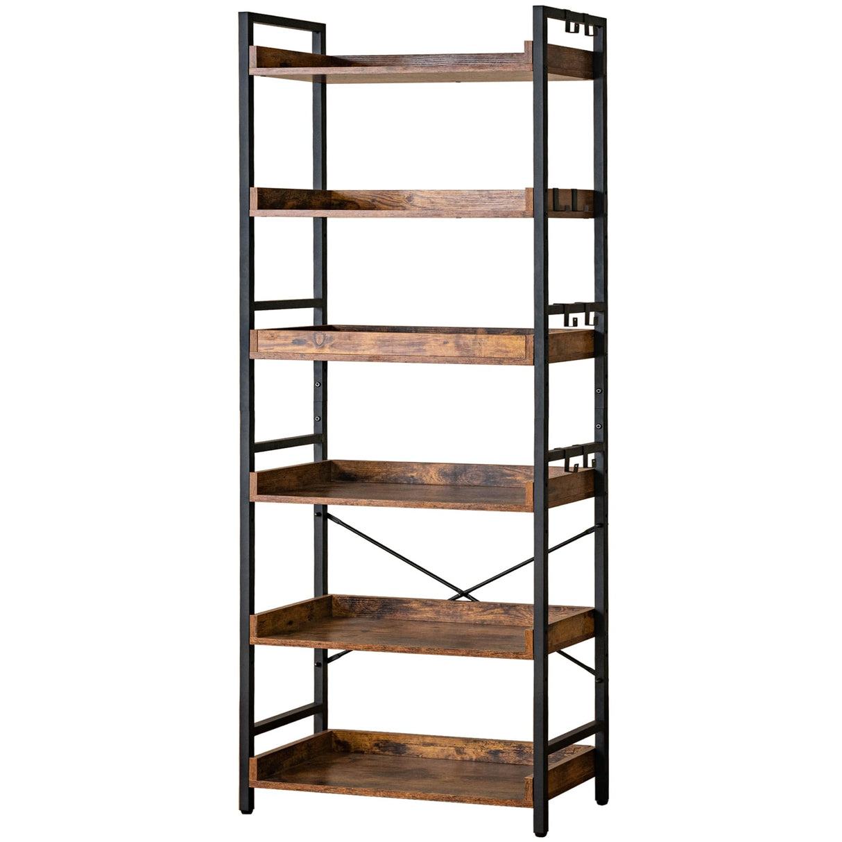 HCHQHS Adjustable 6 Tier Open Bookcase, Rustic Farmhouse Book Shelves, Industrial Wood and Black Metal Bookshelves, Mid Century Bookcase for Home Office Living Room Bedroom HCHQHS