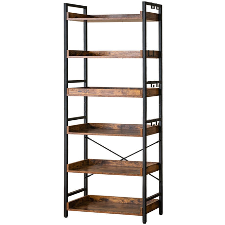 HCHQHS Adjustable 6 Tier Open Bookcase, Rustic Farmhouse Book Shelves, Industrial Wood and Black Metal Bookshelves, Mid Century Bookcase for Home Office Living Room Bedroom HCHQHS
