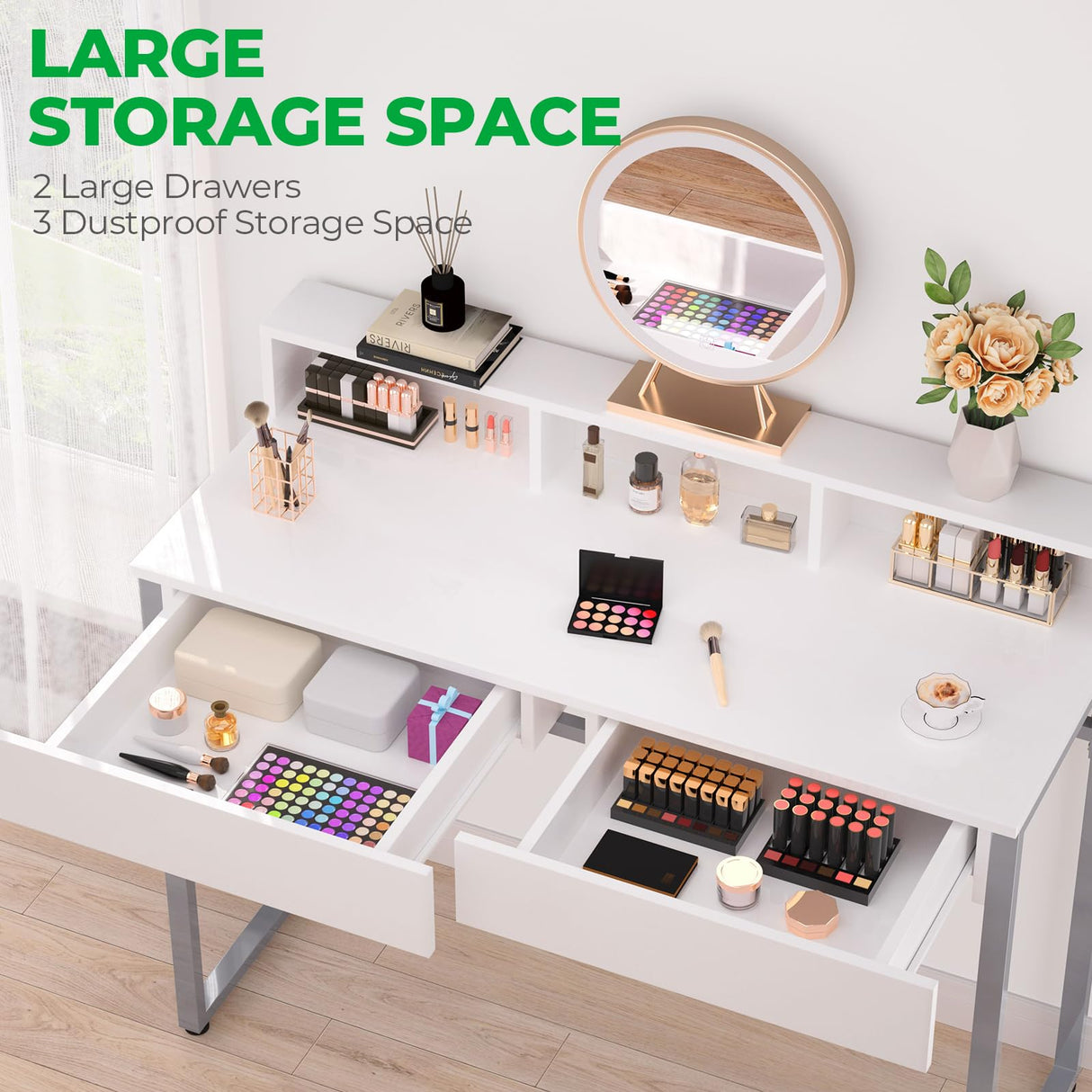 GreenForest Vanity Desk with 2 Drawers, White Makeup Desk with 3 Storage Spaces, 40 inch Small Desk with Silver Metal Legs, Modern Home Office Desk for Kids, Bedroom (No Mirror) GreenForest