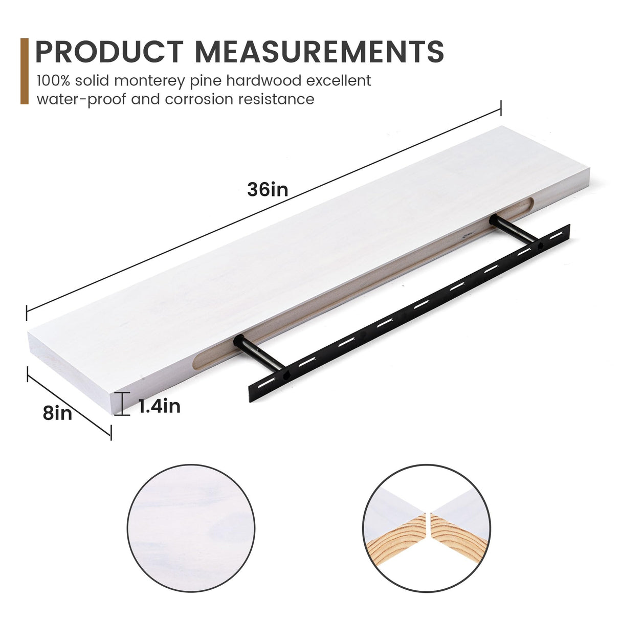 Floating Shelves 36 Inches Long - 8 Inch Deep Rustic Premium Solid Pine Wood for Storage - Farmhouse Wall Mounted for Living Room - Heavy-Duty Metal Bracket - 36" W x 8" D - Set of 2 - White Color Fun Memories