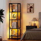 Furologee 5-Tier LED Bookshelf in Black Oak - Narrow Industrial Bookcase with Back Panel for Home and Office Furologee