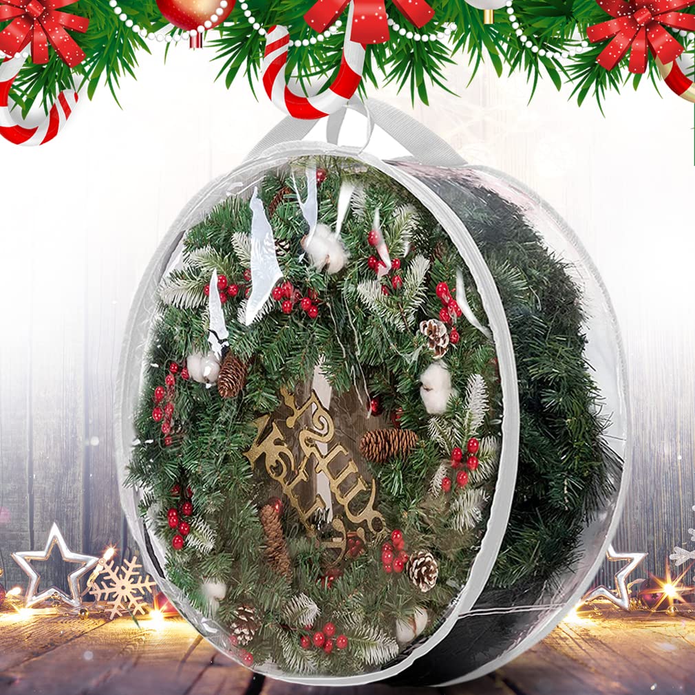 ProPik Christmas Wreath Storage Bag 36" - 2 Pack Clear Christmas Wreath Storage Container- Garland Artificial Holiday Wreath Storage Holder - Water Proof Transparent PVC with Handles (36 Inch, White)