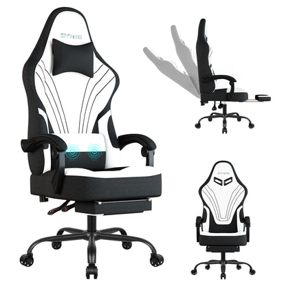 Gaming Chair, Ergonomic Computer Chair with Footrest, Big Tall PC Gamer Chair with Headrest and Massage Lumbar Support, 360° Swivel Height Adjustable Fabric Video Office Chairs for Adults (White)