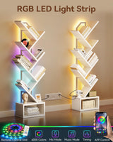 Casaottima White Tree Bookshelf with LED Light Strip — 6-Tier Small Floor Standing Bookcase, Narrow Steel & Wood Book Organizer Shelf with Cabinet, Home Decor for Living Room/Bedroom/Home Office Casaottima