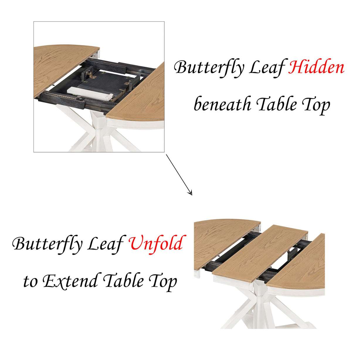 FIVEGIVEN Farmhouse Dining Table for Kitchen 54x42 Inch Expandable Oval Table Top with Hidden Butterfly Leaf Trestle Pedestal Base Natural Wood/White FIVEGIVEN
