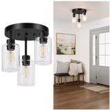 Feanron Farmhouse Flush Mount Ceiling Light, Black 3-Light Hallway Light Fixtures Ceiling with Clear Glass Shades, Light Fixtures Ceiling Mount for Kitchen Living Room Foyer, E26 Base Feanron