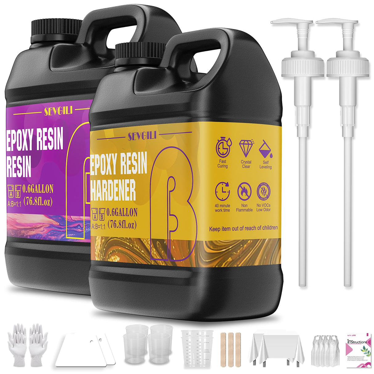 Epoxy Resin Kit 1.2Gallon, Newly Formulated Crystal Clear Epoxy Resin, Bubble-Free, Anti-Yellowing Art Resin for Casting, DIY, Resin Art, Resin Epoxy Molds, Jewelry, Easy to Use 1:1 Mix sevgili