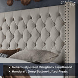 Jocisland Velvet Upholstered Bed Frame King Size 61.4" Tall Headboard King Bed Frame/Deep Button Tufted/No Box Spring Needed/Cream Jocisland