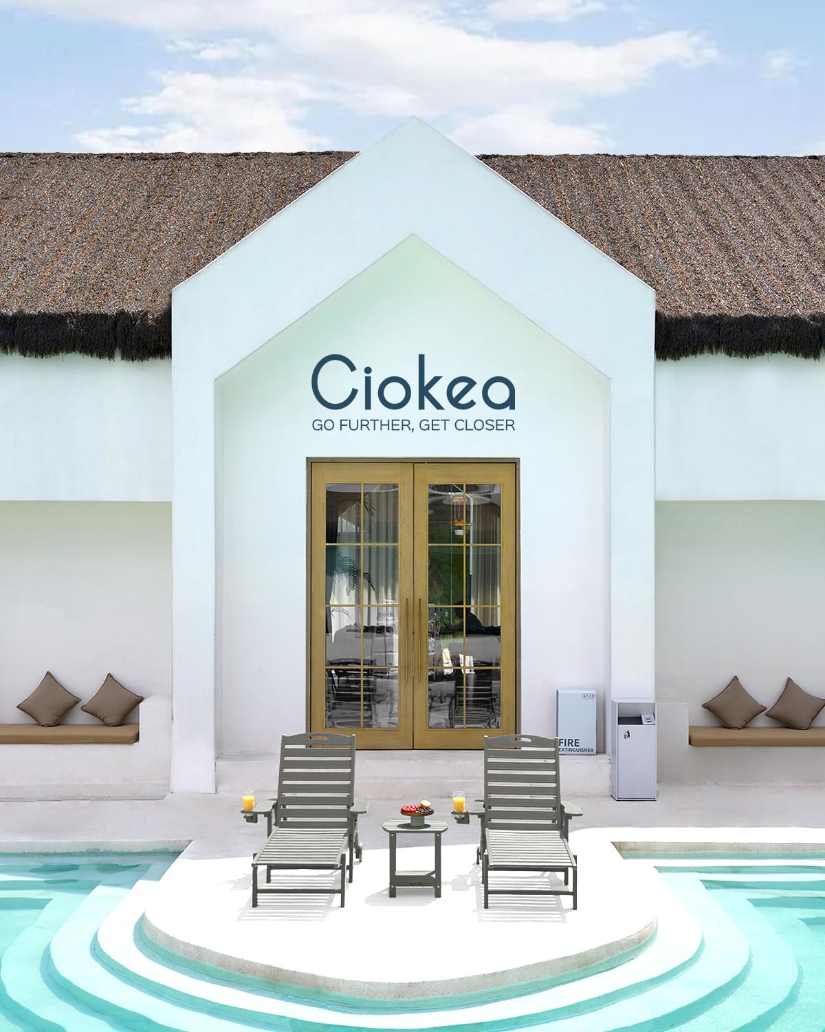 Lounge Chair Outdoor, Oversized Chaise Lounge Chair with 5 Positions, HDPE, Patio Lounge Chair with Wheels & Cup Holder for Pool, Deck, Poolside, Grey Ciokea