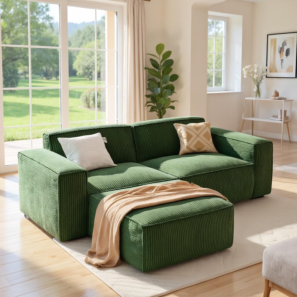 Amada 80" L Shaped Sofa Modular, Corduroy Clopud Couches with Deep Seats &High-Back, Upholstered Couches for Living Room Bedroom with Ottoman, No Assembly Required(2-Seater&1 Ottoman,Green) AMADA HOMEFURNISHING