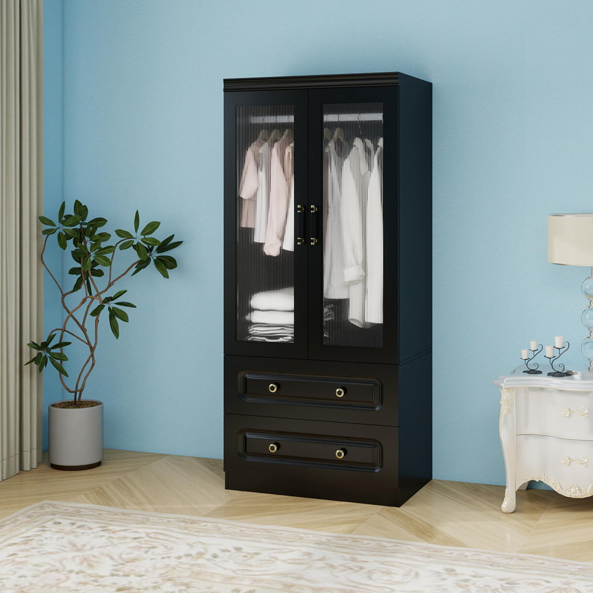 Keloyid Modern 2 Door Armoire Wardrobe Closet with Glass Door, 2 Drawers, Hanging Rod & Shelves, Black, 20.47 x 31.49 x 70.86 inches, Bedroom Keloyid