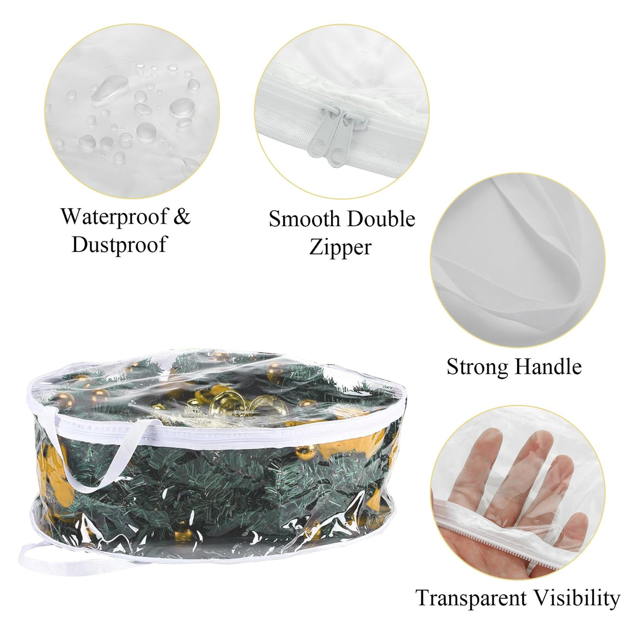 4 PCS Clear Wreath Storage Bag, 24x8 Inch Christmas Wreath Storage Container, Heavy Duty PVC Wreath Protector with Handle for Xmas Holiday Seasonal Wreath Garland (White) SENENQU