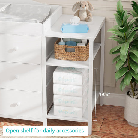 BOLUO Baby Dresser with Changing Table Top, White Changing Table Dresser with 6 Fabric Drawers Diaper Changing Station with Storage Shelf for Nursery Modern BOLUO