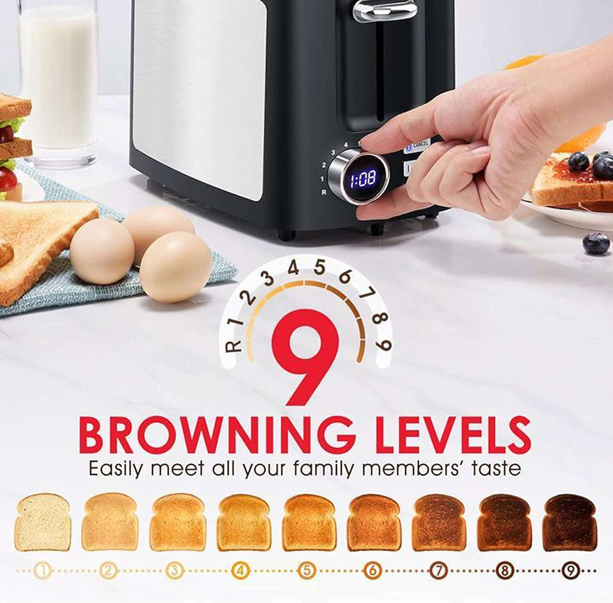 Toaster 2 Slice Wide Slot Toaster Best Rated Prime Displav Smart Toasters with LCD Digital Countdown Timer and Bagel/Defrost/Cancel/Reheat Function Hommater