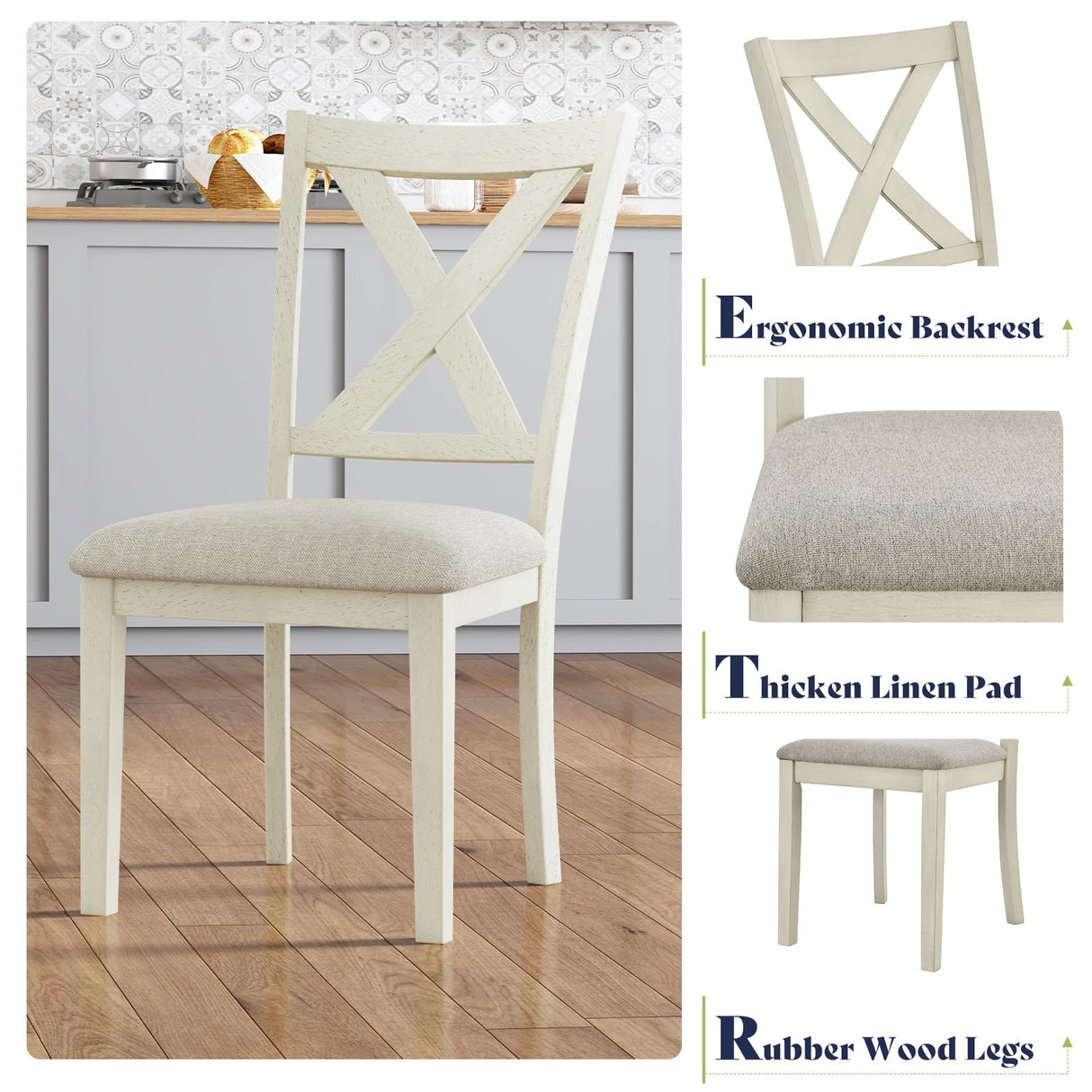 AMERLIFE 6-Piece Farmhouse Dining Table Set, 71” Solid Wood Table, 4 Upholstered Chairs and Bench, Rustic White and Walnut Finish, Seating for 6, for Kitchen or Dining Room AMERLIFE