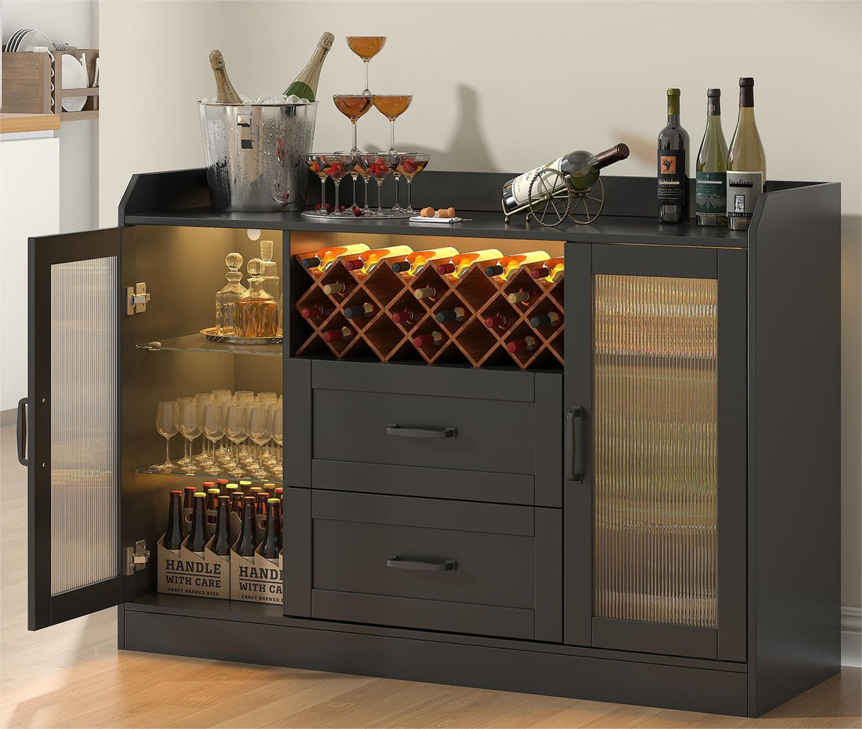 Melodyblue Buffet Cabinet with Led Lights and Drawers, Large Sideboard Buffet Storage Cabinet with Shelves & 4 Doors, Farmhouse Coffee Bar Cabinet Wood Buffet Table for Kitchen, Dining Room, Black Melodyblue