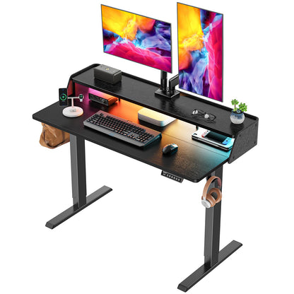 ErGear Standing Desk with LED Strip, 48″ x24″ Electric Height Adjustable RGB Gaming Desk with Shelf, Sit Stand Desk with Dual Cable Holes, C-Clamp Mount Compatible, 4 Preset Heights, Black - WoodArtSupply