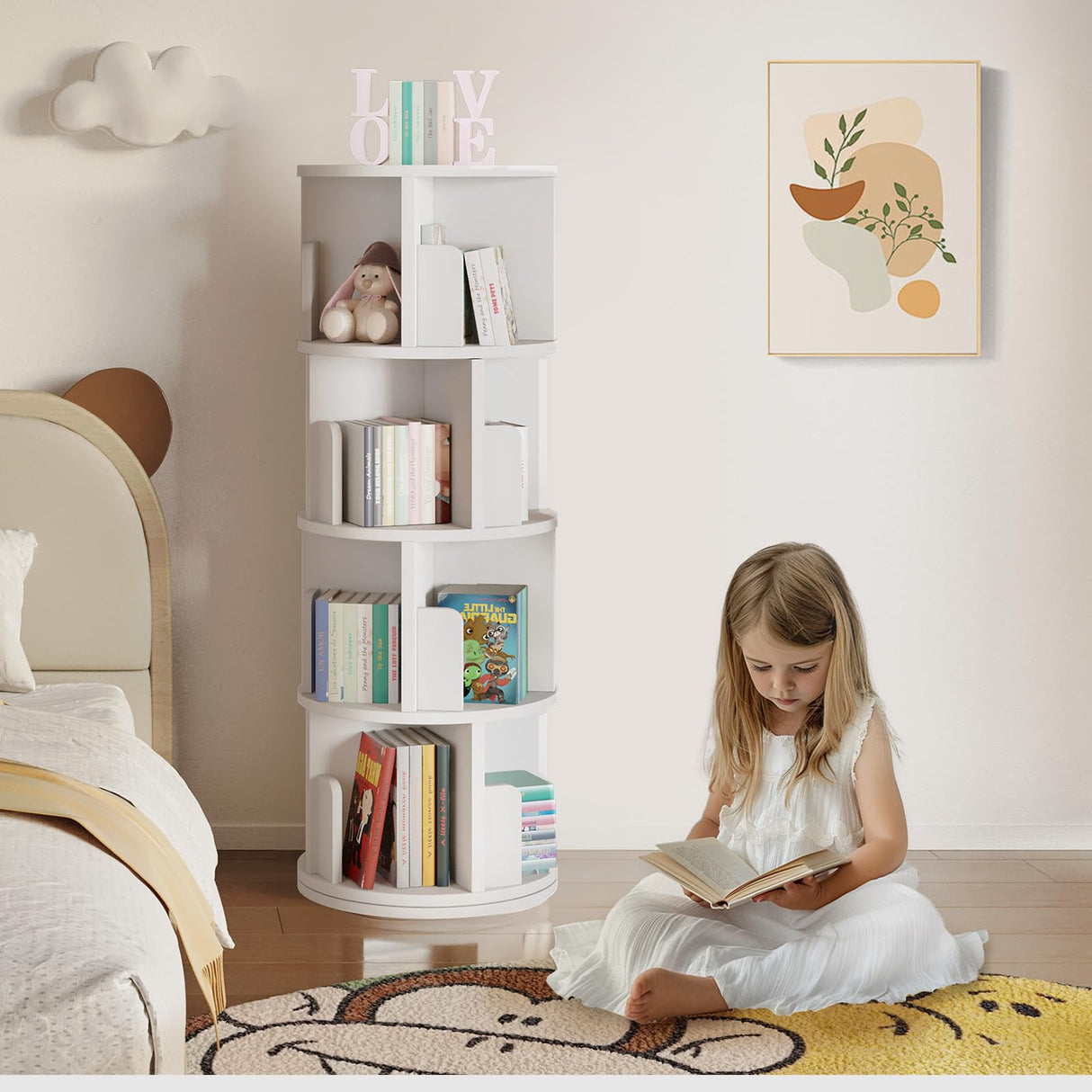 oneinmil Rotating Bookshelf, 360° Rotating Bookcase for Small Space, Corner Bookcase for Bedroom, Living Room, Study Room, 4 Tier, White oneinmil