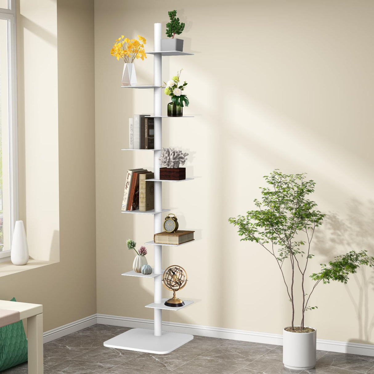 LXSEHN 9 Tier Metal Spine Bookshelf Tower, Adjustable Vertical Spine Book Tower Floor, Metal Vertical Bookshelf for Study Room,Living Room,Office,Bedroom (White) LXSEHN