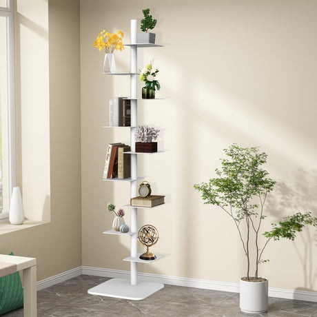LXSEHN 9 Tier Metal Spine Bookshelf Tower, Adjustable Vertical Spine Book Tower Floor, Metal Vertical Bookshelf for Study Room,Living Room,Office,Bedroom (White) LXSEHN