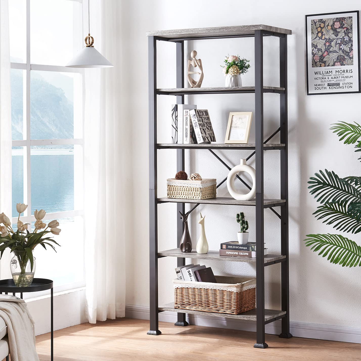 HOMBAZAAR Rustic Grey 6-Tier Bookshelf with Metal Frame – Elegant Heavy Duty Storage for Living Room, Office, and Bedroom - WoodArtSupply