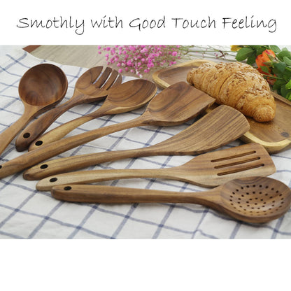 Wooden Spoons for Cooking, ADLORYEA Wood Kitchen Utensils Set, Natural Teak Wooden Cooking Utensils set for Nonstick Cookware, 7-Piece Sturdy Eco-friendly and Healthy Wooden Spatula for Cooki - WoodArtSupply