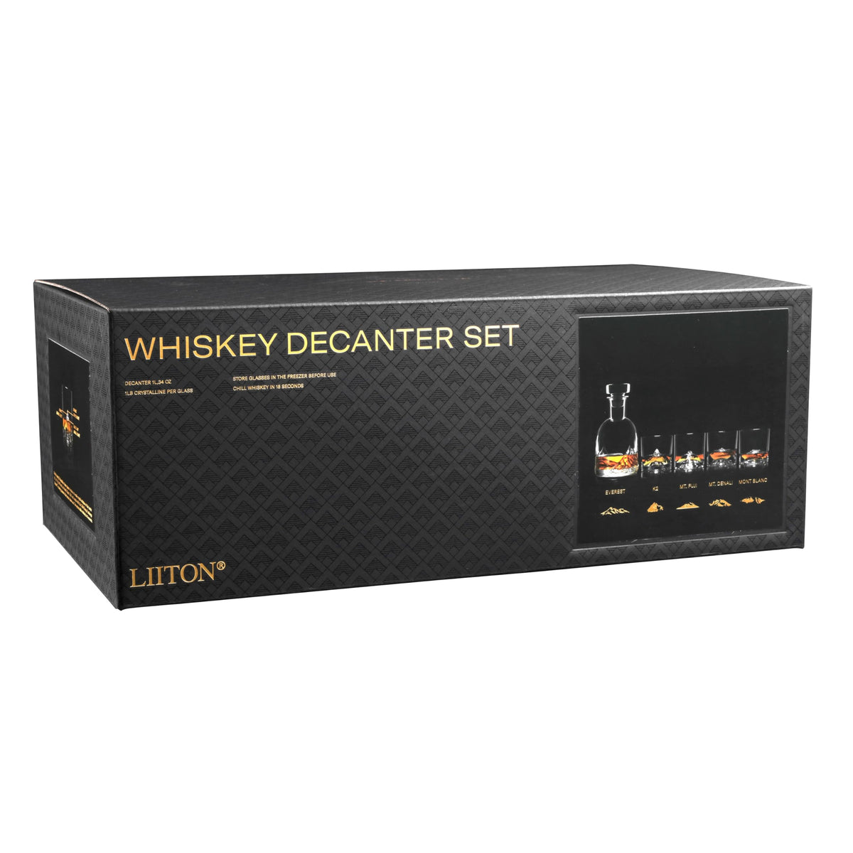 LIITON The Peaks Mountains Crystal Bourbon Whiskey Decanter Gift Set with 4 Old Fashioned Glasses, Premium Luxury Gifts for Men, Vodka, Scotch, Liquor, 1,000 ML LIITON