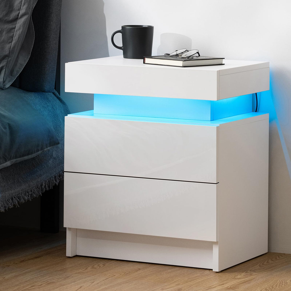 HOMMPA LED Nightstand White Nightstand with Led Lights Modern Night Stand with 2 High Gloss Drawers Led Bedside Table Smart Nightstand for Bedroom 20.5” Tall HOMMPA