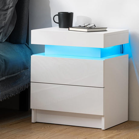 HOMMPA LED Nightstand White Nightstand with Led Lights Modern Night Stand with 2 High Gloss Drawers Led Bedside Table Smart Nightstand for Bedroom 20.5” Tall HOMMPA