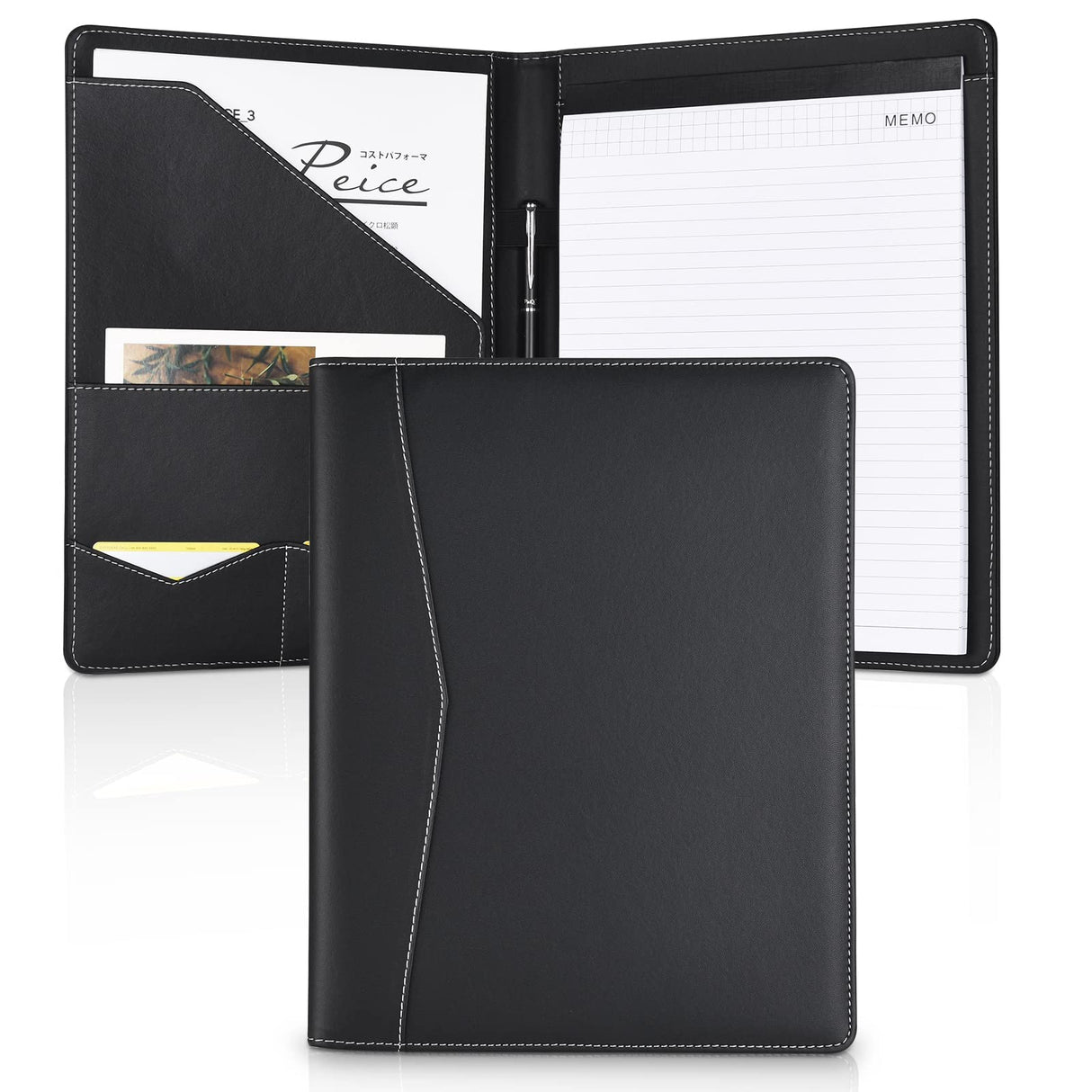 Pacific Mailer Padfolio Portfolio Leather Binder, Interview Legal Document Organizer, Business Card Holder Included Letter Sized Writing Pad [Piano Noir Faux Leather Matte Finish] Pacific Mailer