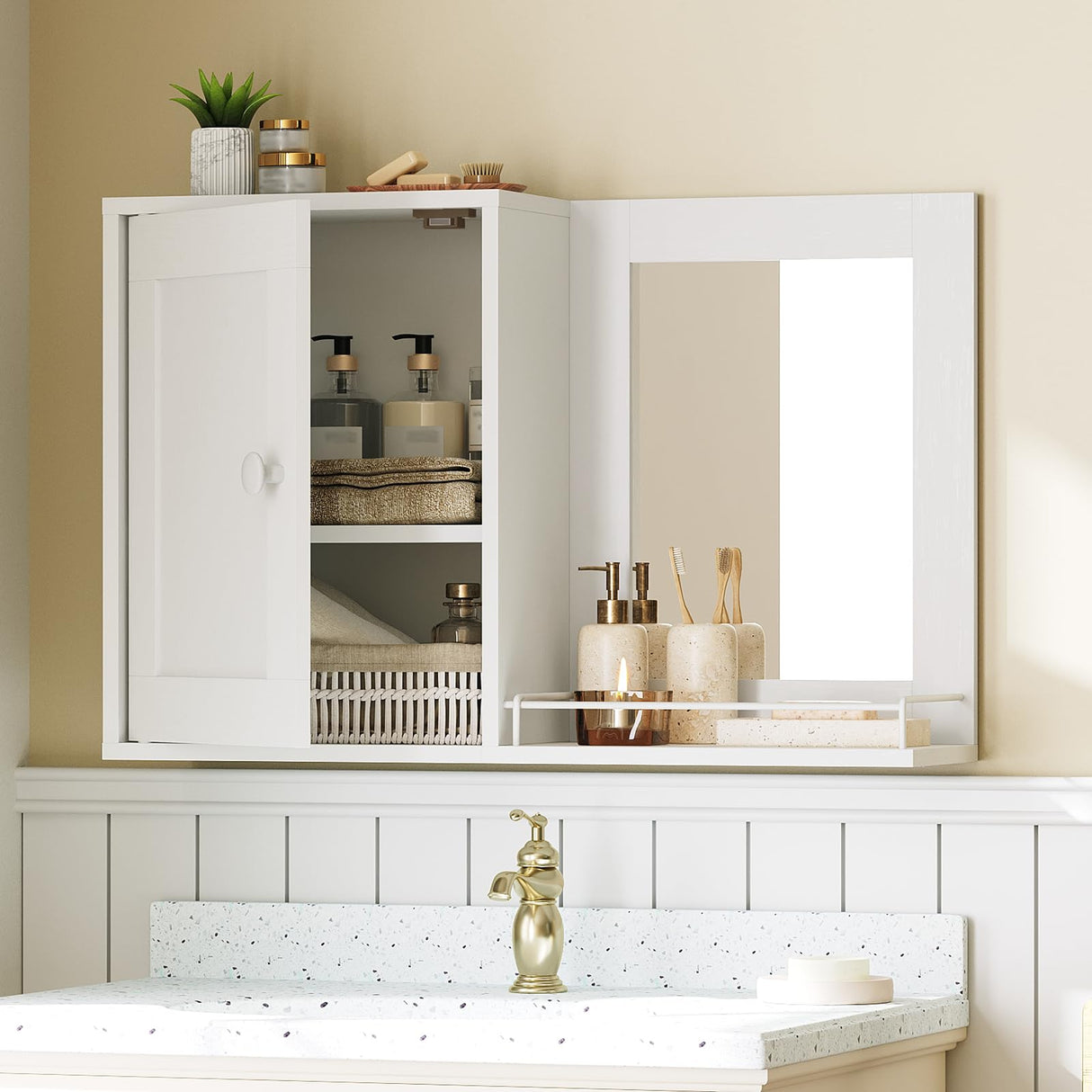 YATINEY Bathroom Medicine Cabinet with Mirror, Wall Mounted Home Storage, Medicine Cabinet Mirror, Bathroom Wall Cabinet, Adjustable Shelf, for Laundry Room, Bedroom, Camper, Hallway, White YATINEY