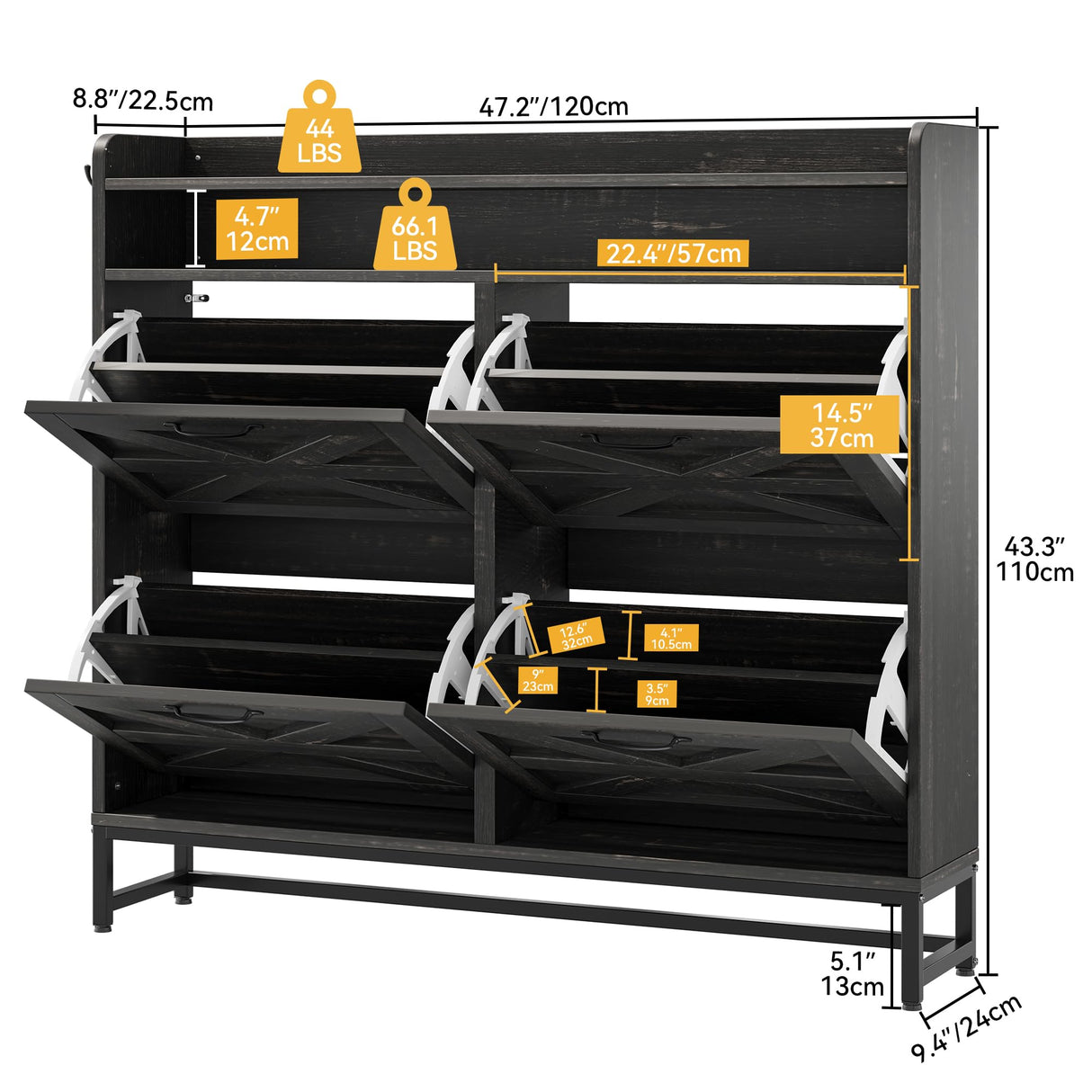 DWVO Dark Rustic Oak Farmhouse Storage Shoe Cabinet with 4-Tier Flip Shoe Storage Cabinet for 24 Pairs, Shoe Organizer with Metal Legs for Entryway, Living Room, Hallway DWVO