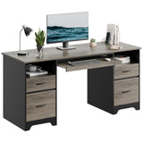 Bestier 59” Computer Desk with 4 Drawers, Office Desk with Storage, Industrial Executive Desk with File Drawer, Keyboard Tray & 2 Pedestals on Both Sides for Home Office & Studio, Grey Bestier