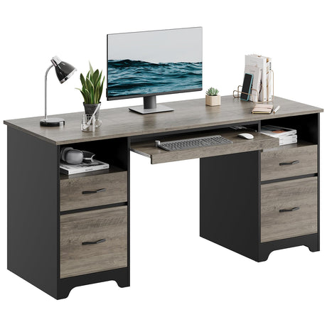 Bestier 59” Computer Desk with 4 Drawers, Office Desk with Storage, Industrial Executive Desk with File Drawer, Keyboard Tray & 2 Pedestals on Both Sides for Home Office & Studio, Grey Bestier