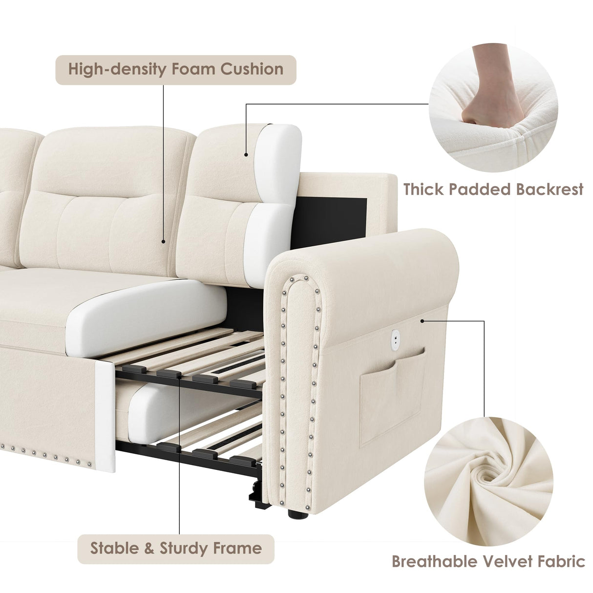 Sleeper Sofa Bed, 87'' Sectional Couch with Reversible Storage Chaise & Nailhead Armrest, Pull Out Couches for Living Room, Side Pocket & Charging Station, Removable Backrest, Velvet Fabric, Beige Keyluv