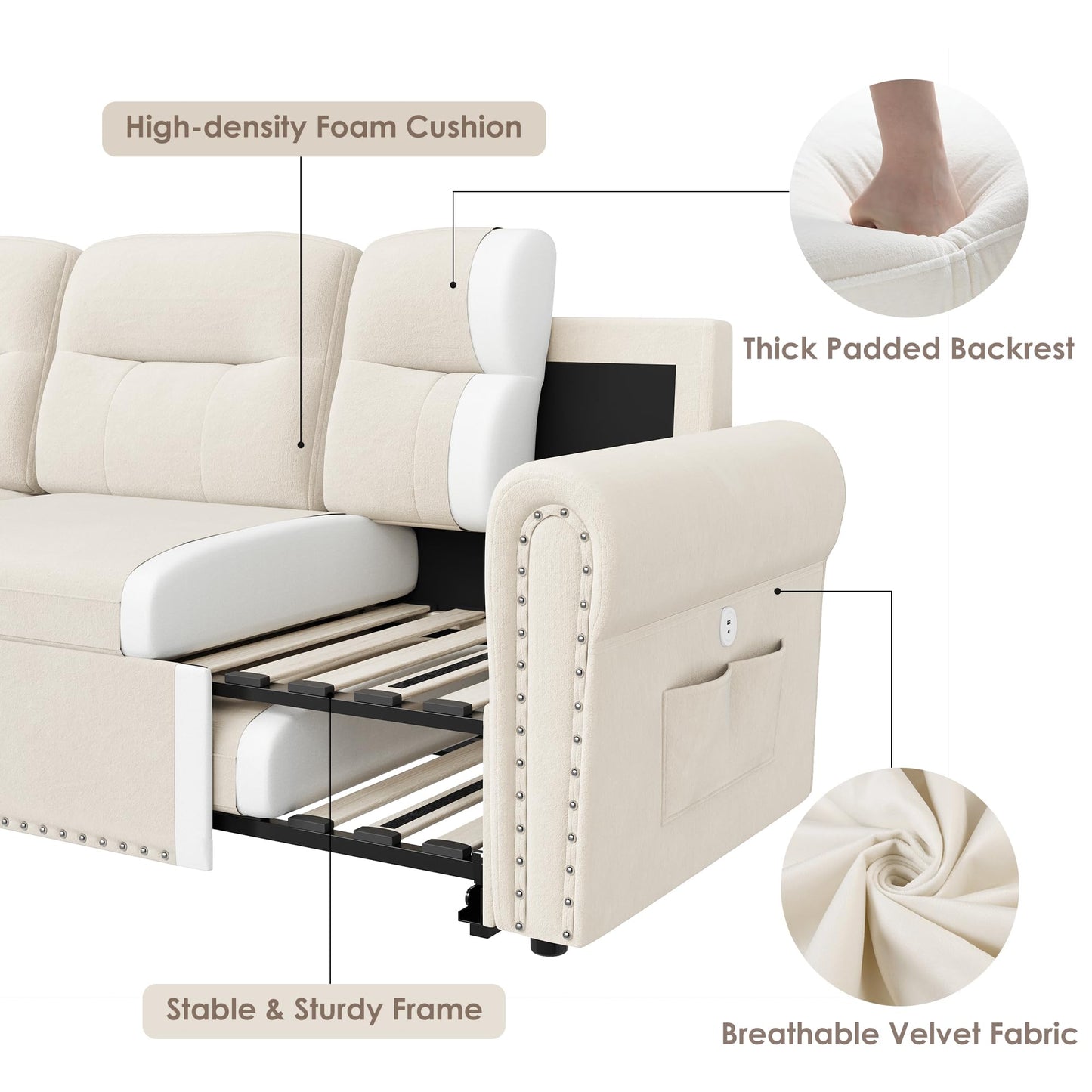 Sleeper Sofa Bed, 87'' Sectional Couch with Reversible Storage Chaise & Nailhead Armrest, Pull Out Couches for Living Room, Side Pocket & Charging Station, Removable Backrest, Velvet Fabric, Beige