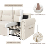 Sleeper Sofa Bed, 87'' Sectional Couch with Reversible Storage Chaise & Nailhead Armrest, Pull Out Couches for Living Room, Side Pocket & Charging Station, Removable Backrest, Velvet Fabric, Beige Keyluv
