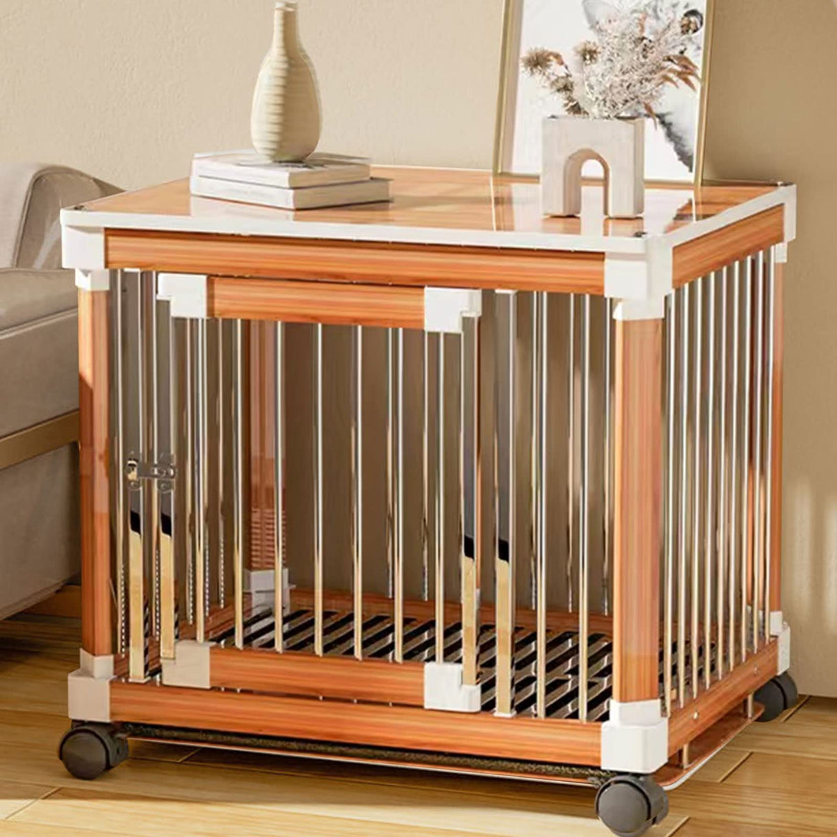 pet Crate Furniture for Small Dogs- Furniture Dog Crate Wooden Dog Crate Dog Crate Terminal Table - Coffee Table Dog Crate with Tray, Universal Wheels (M（24''L x 18''W x 23''H）,Brown) Generic