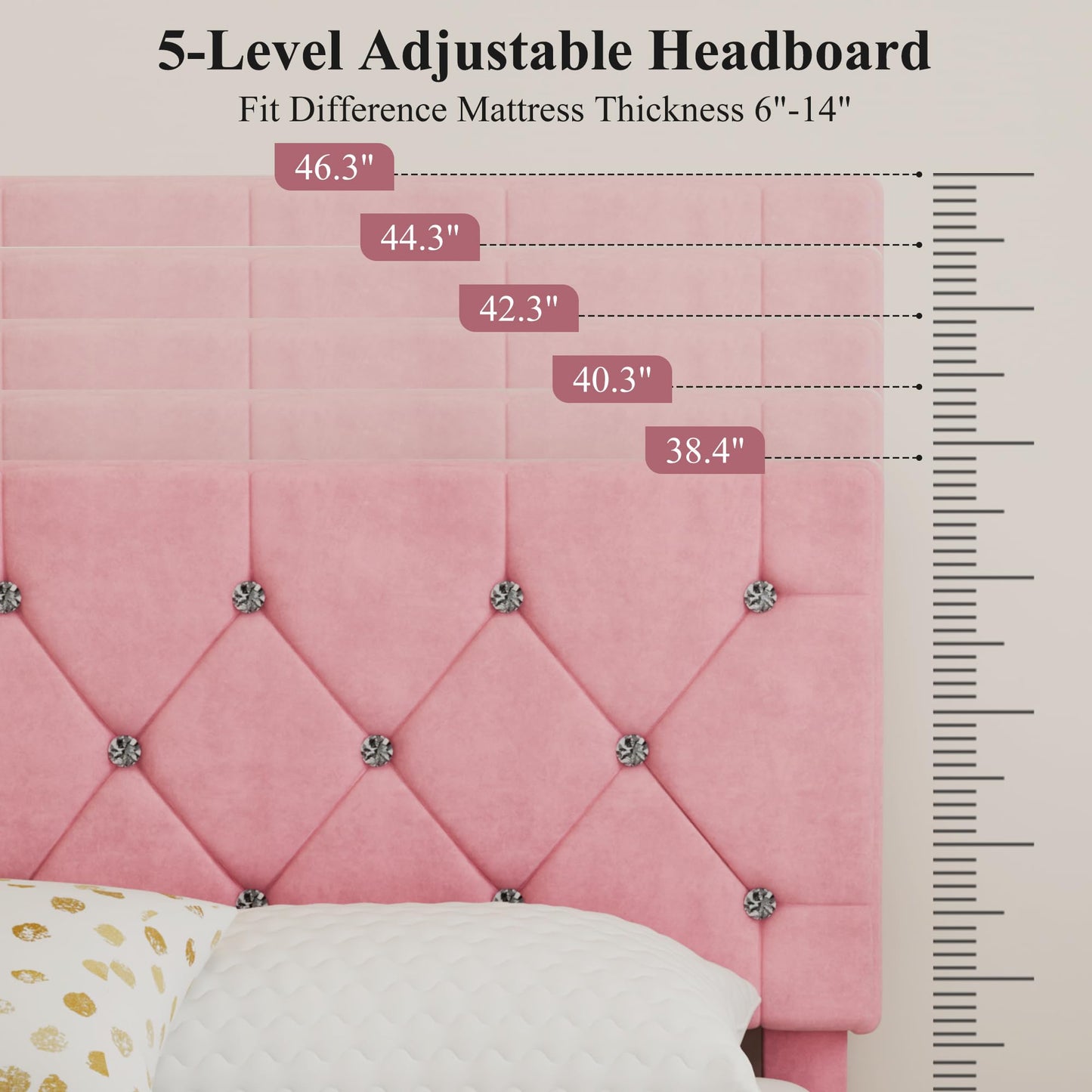 VECELO Queen Size Bed Frame, Upholstered Platform with Adjustable Diamond Tufted Headboard, Wood Slat Support, No Box Spring Needed, Pink