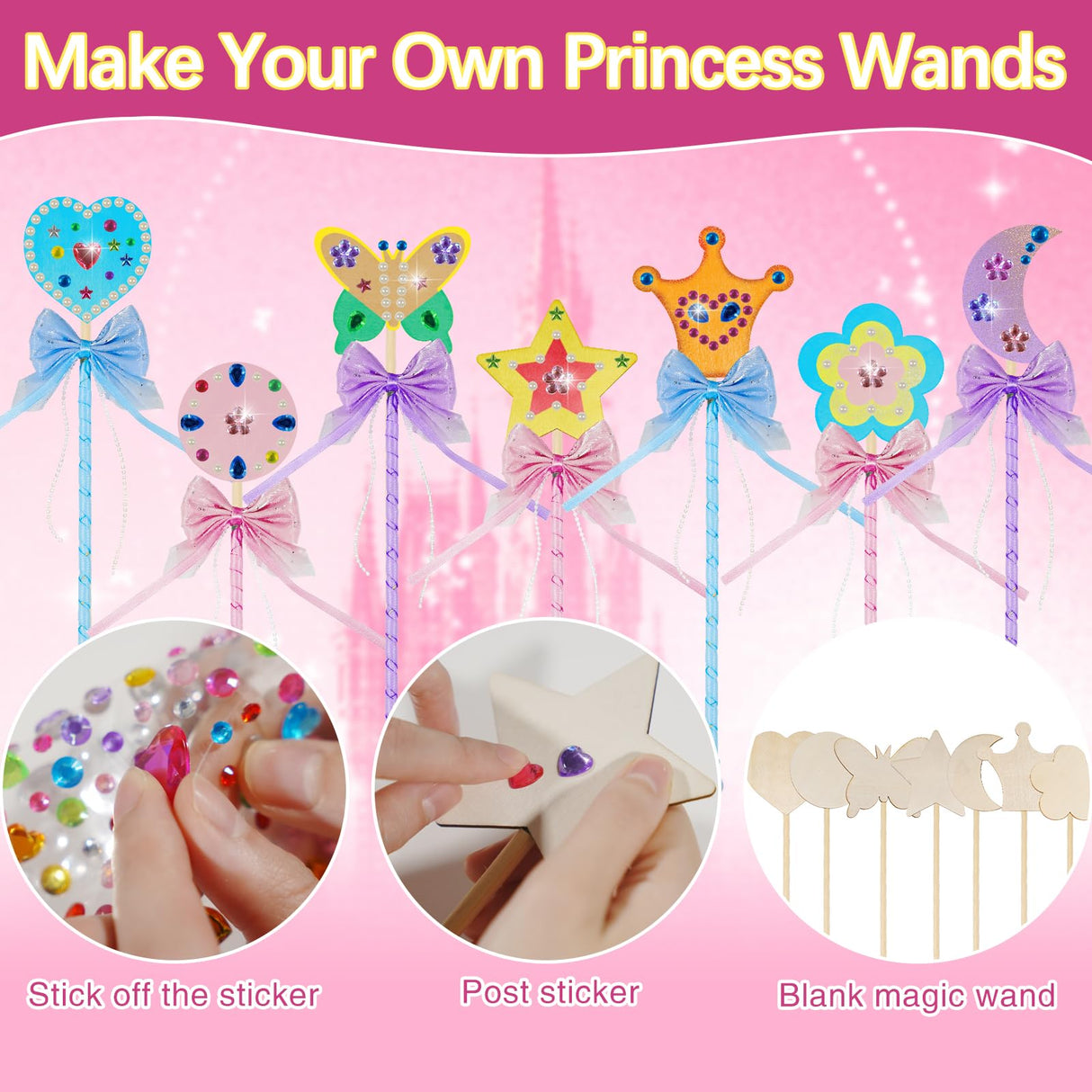 21 Sets Princess Fairy Wands Kit, Make Your Own Magical Wand Include Unfinished Wooden Fairy Wands Bow Gem Stickers Ribbons Paint for Decorate Art DIY Magical Show Party Supplies Princess Cosplay X Hot Popcorn