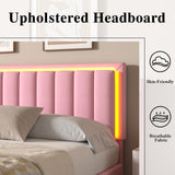 IMMERSTABLE Queen Bed Frame Pink with LED Lights, Upholstered Bed Frame Queen with Headboard, Heavy Duty Wood Slats Support, Noise-Free, No Box Spring Needed, Easy Assembly IMMERSTABLE