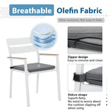 JOIVI 5 Piece Outdoor Dining Set, Aluminum Patio Furniture Dining Table and Stackable Chairs Set for 4 People, Wood Grain Tabletop with 2.05” Umbrella Hole, for Deck, Backyard, Gray Cushions JOIVI