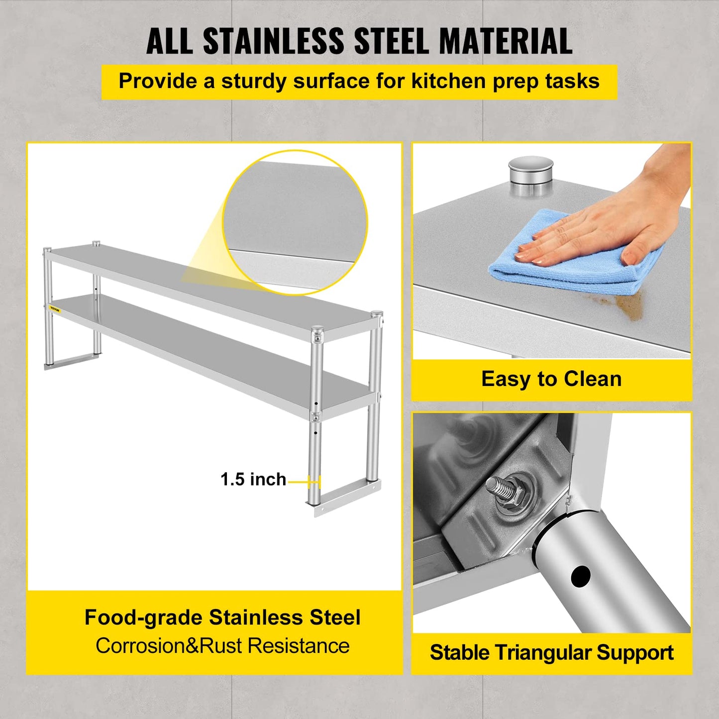 VEVOR Double Overshelf, Double Tier Stainless Steel Overshelf, 72 in Length x 12 in Width Double Deck Overshelf, Height Adjustable Overshelf for Prep & Work Table in Kitchen, Restaurant and W - WoodArtSupply