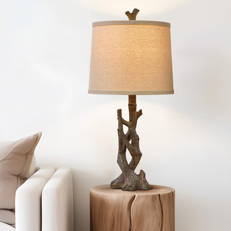 OYEARS 23" Rustic Farmhouse Table Lamp Country Cottage Lamps for Nightstand Tree Trunk Wood Grain Lamp for Bedroom Living Room with Oatmeal Fabric Round Shade Resin Bedside Lamp OYEARS
