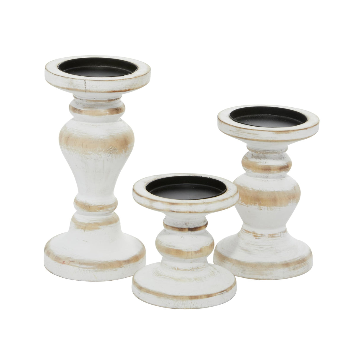Deco 79 Wood Decorative Candle Holder Turned Style Candle Stand, Set of 3 Candlestick Holder 8", 6", 4"H, White Deco 79