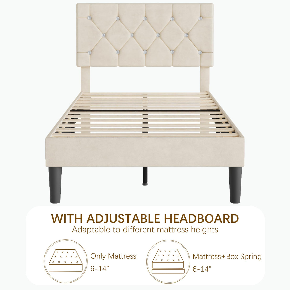 VECELO Twin Size Bed Frame, Upholstered Platform with Adjustable Diamond Tufted Headboard, Wood Slat Support, No Box Spring Needed, Pala Beige VECELO