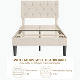 VECELO Twin Size Bed Frame, Upholstered Platform with Adjustable Diamond Tufted Headboard, Wood Slat Support, No Box Spring Needed, Pala Beige VECELO