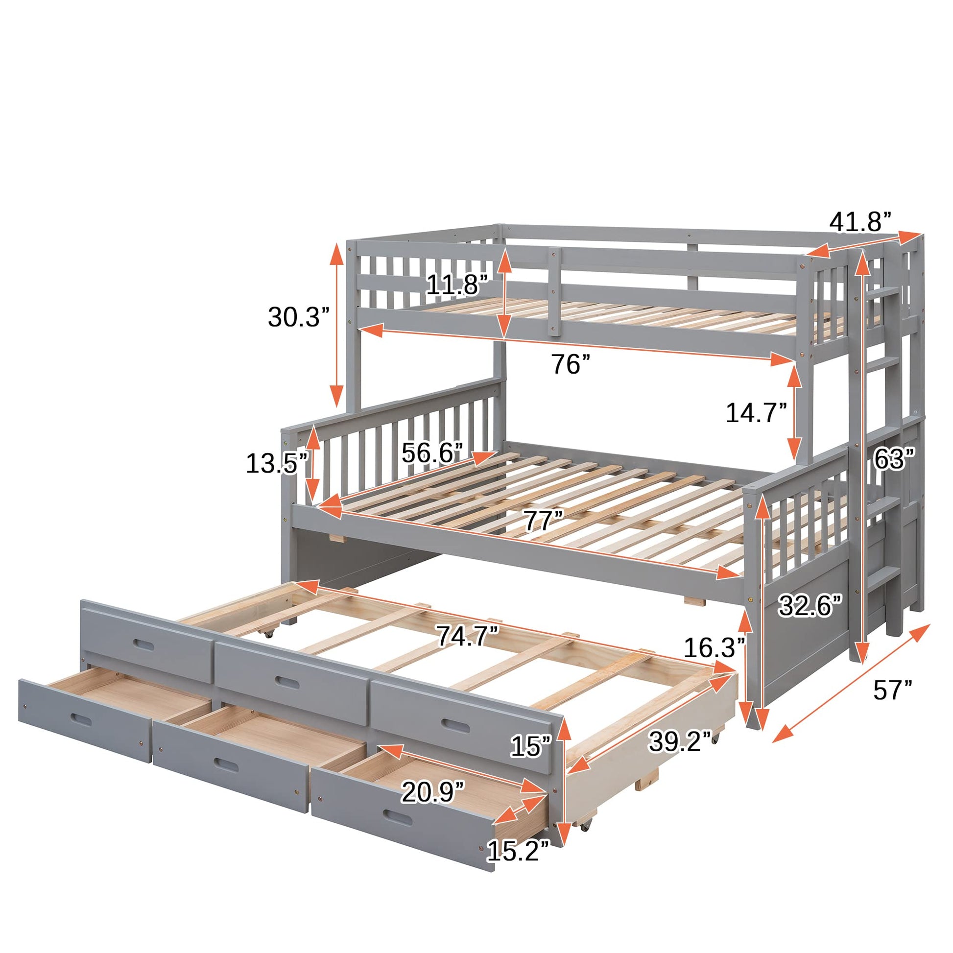 Harper & Bright Designs Grey Twin Over Full Bunk Bed with Trundle and Storage Drawers - WoodArtSupply